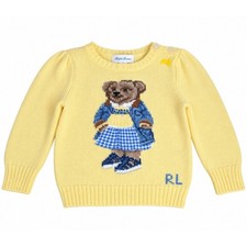 Ralph Lauren Polo Bear Sweater Girl 24M Yellow Cotton Cashmere Puff Sleeve