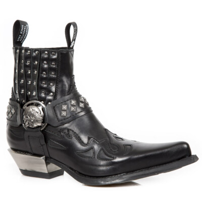 NEW ROCK M.7950-S9 Black Ankle Boots Western Goth Strap Skull Studded Metal