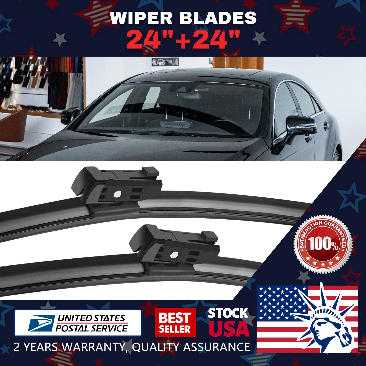 Waterproof Top Lock 24''+24'' Premium Bracketless Windshield Wiper Blades /pair