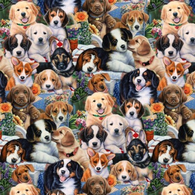 Fat Quarter - David Textiles GARDEN PUPPIES - Cotton Fabric. 