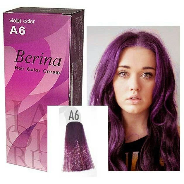 4 x TINTE PARA EL CABELLO BERINA A6 COLOR PÚRPURA VIOLETA Estilo Moda COLOR PERMANENTE CREMA Foto 2 de 4