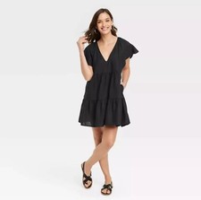 Women's Universal Thread Flutter Short SleeveDress Black XL Defective
