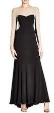 AQUA  Black Jersey Illusion Nude Beaded Mesh Long Sleeve Formal Gown 2 NEW 308