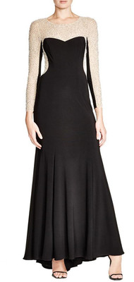 Black Jersey Illusion Nude Beaded Mesh 