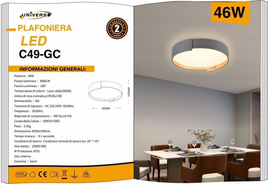 Plafoniera LED Universo C49-GC 46W Grigio Oro 3000K | Shop Online
