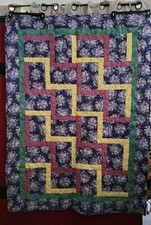 Hand Pieced, Machine Stitched Quilt. Purple, Rust, Yellow And Green. 47" X 65"
