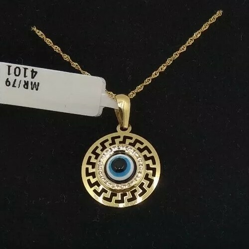 Colgante con cadena oro 18k 750 mls . Ojo turco con greca.