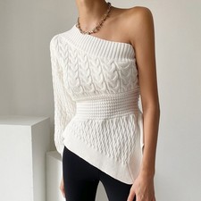 Womens Long Sleeves Knit Sweater Asymmetric Oblique One Shoulder Fashion Jumpers