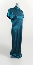 Vintage 90s Green Satin Floral Qipao Cheongsam Dress Mandarin Collar Maxi Party