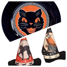 New Beistle Vintage Halloween Cat And Witch Hat Set Plus Cat Platter