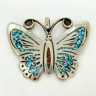 SD Navajo Base Metal Turquoise & Coral Butterfly Pin