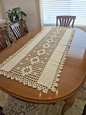 Vtg Hand Crocheted Table Runner Topper Doily Dresser Scarf Ecru Muslin 24x57