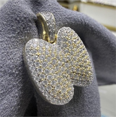 925 SILVER White Simulated Crystal N Pendant Charm w/ Bail Yellow Gold Plated