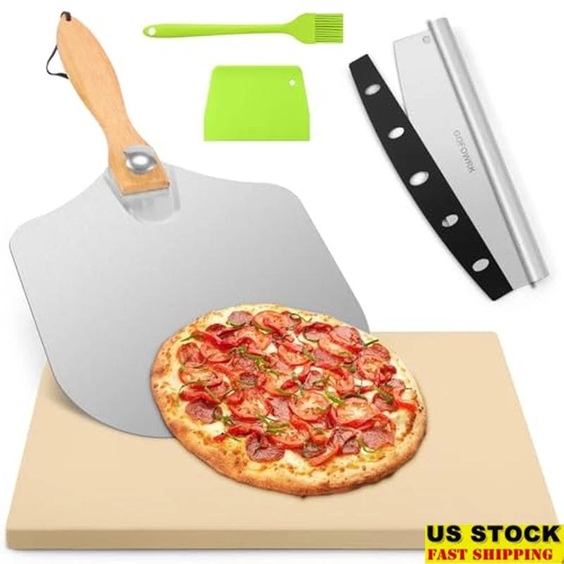 15x12 Pizza Stone Set W/ Peels Cutter Rocker Thick Durable Baking Tool New
