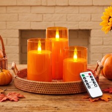 Flameless LED Pillar Candles 3 Pack Orange 3D Flame Timer Remote