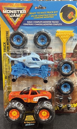 MONSTER JAM Megalodon, El TORO LOCO. 1:43 MECHANIX BUILD & RE-BUILD 2 Pack  New - Picture 1 of 5
