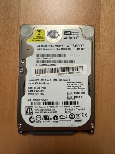 Western Digital - WD Scorpio - 160GB - WD1600BEVS - SATA - 2,5" HDD
