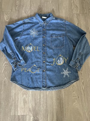Vintage Faded Glory Denim Shirt Christmas Themed Embroidery Women X Large Cotton