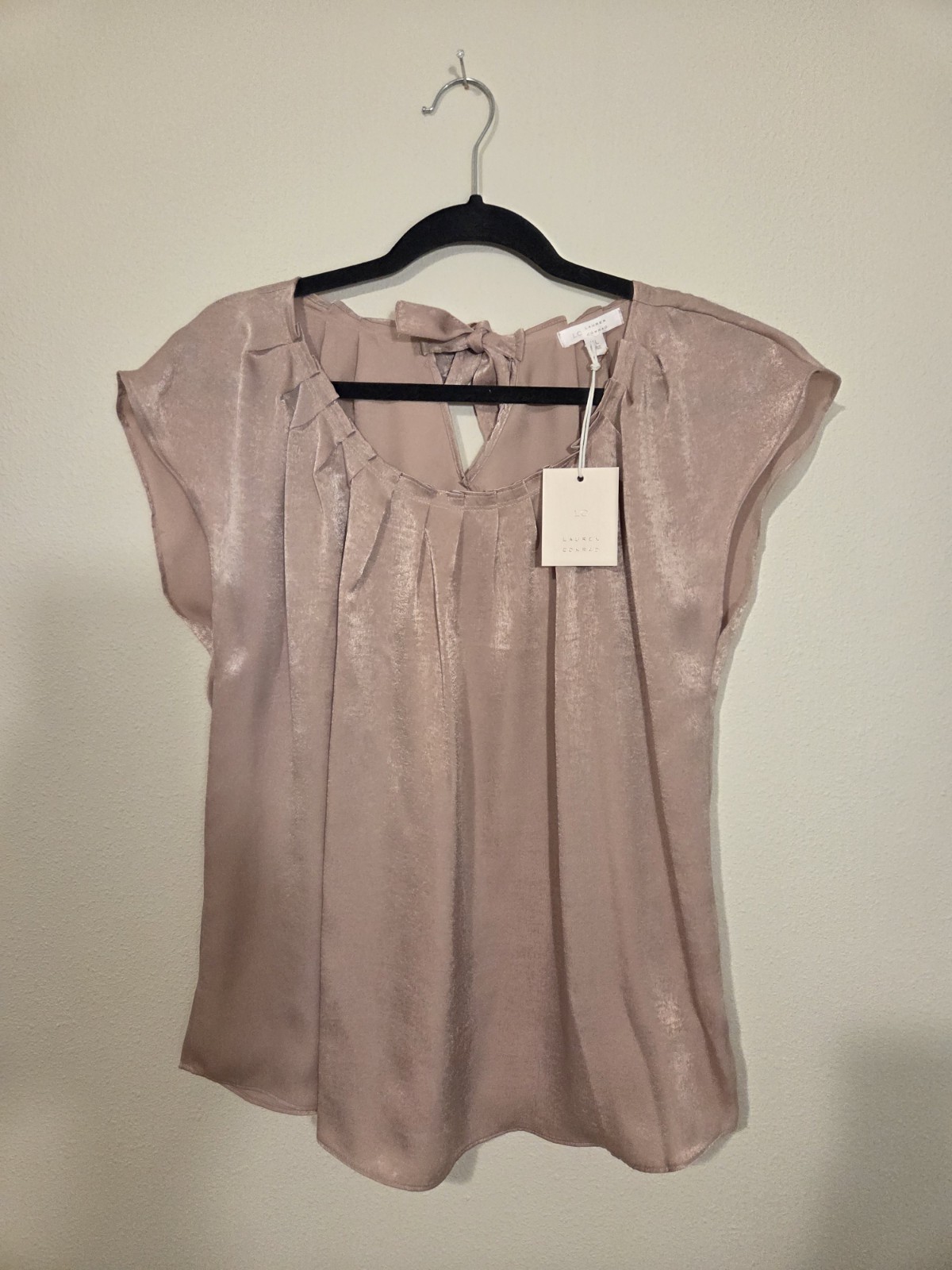 LC Lauren Conrad Blush Pink Pleated Satin Tie Neck Blouse Women's XL WL04W014RN