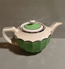 Vintage Fraunfelter China Green , Ivory,&  Silver  Retro MCM Teapot #388