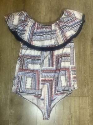 EST. 1946 Bodysuit Sz 18/20W Ruffle Off Shoulder White Blue Red Floral BOHO