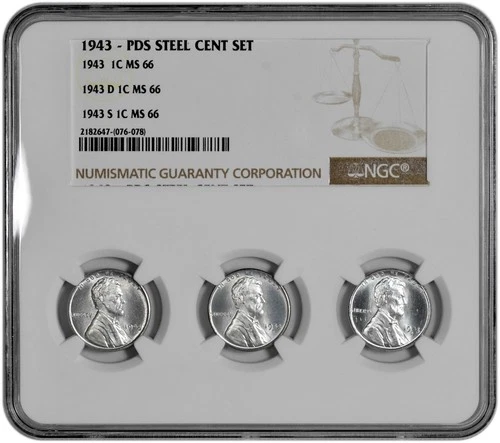 1943 P D S 1c Lincoln Steel Wheat Cent Set NGC MS 66 Three Coin Lot - Tri-Holder