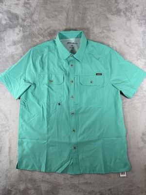 Eddie Bauer Shirt Mens Medium Green Woven Tech Short Sleeve Button Up NWT
