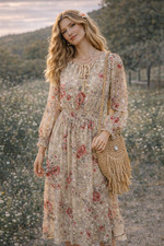 Catherine Malandrino Sheer Floral Smocked Midi Dress 12 Romantic Chic