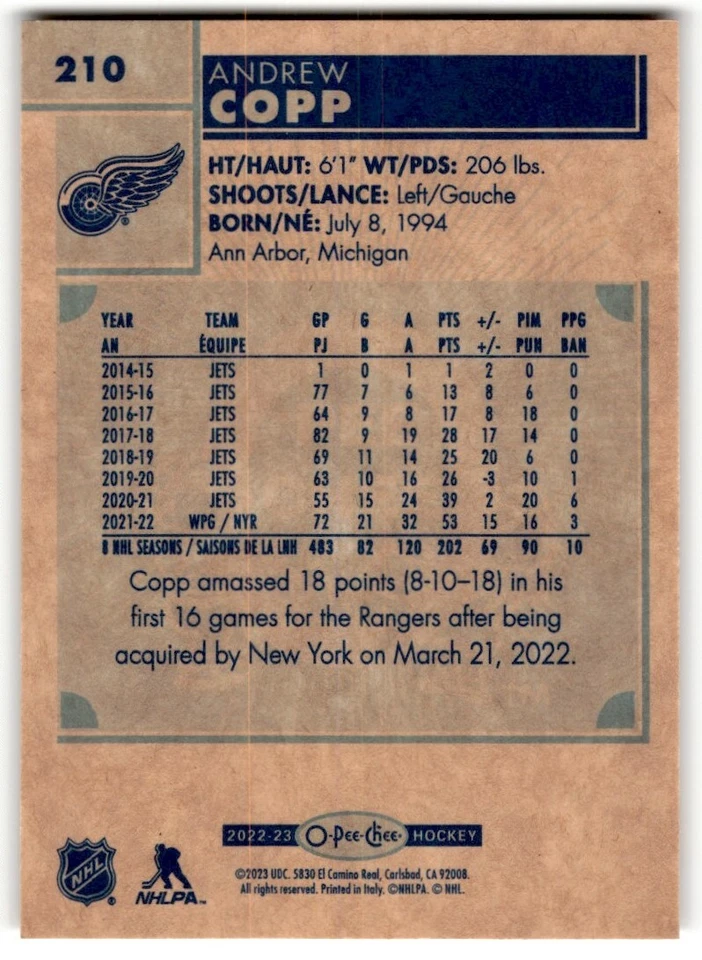 2022-23 O-Pee-Chee Retro Andrew Copp #210 Detroit Red Wings - Image 2 of 2