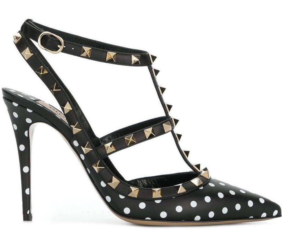 Valentino Rockstud Black White Polka Dot Ankle T Strap Sandal Heel Pump 36