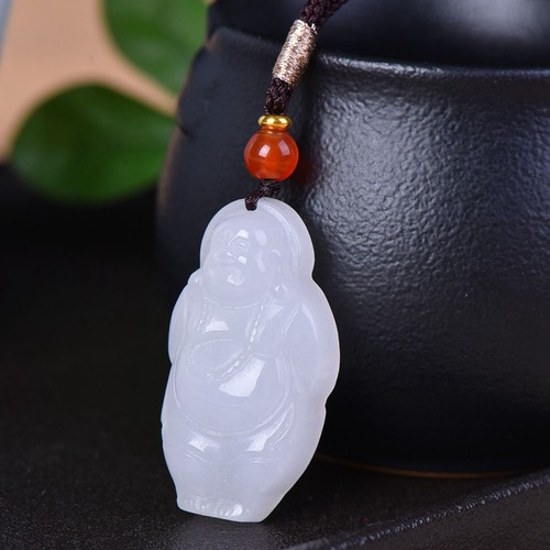 Chinesische natürliche weiße Jade handgeschnitzt Maitreya Statue Anhänger - Bild 4 von 6