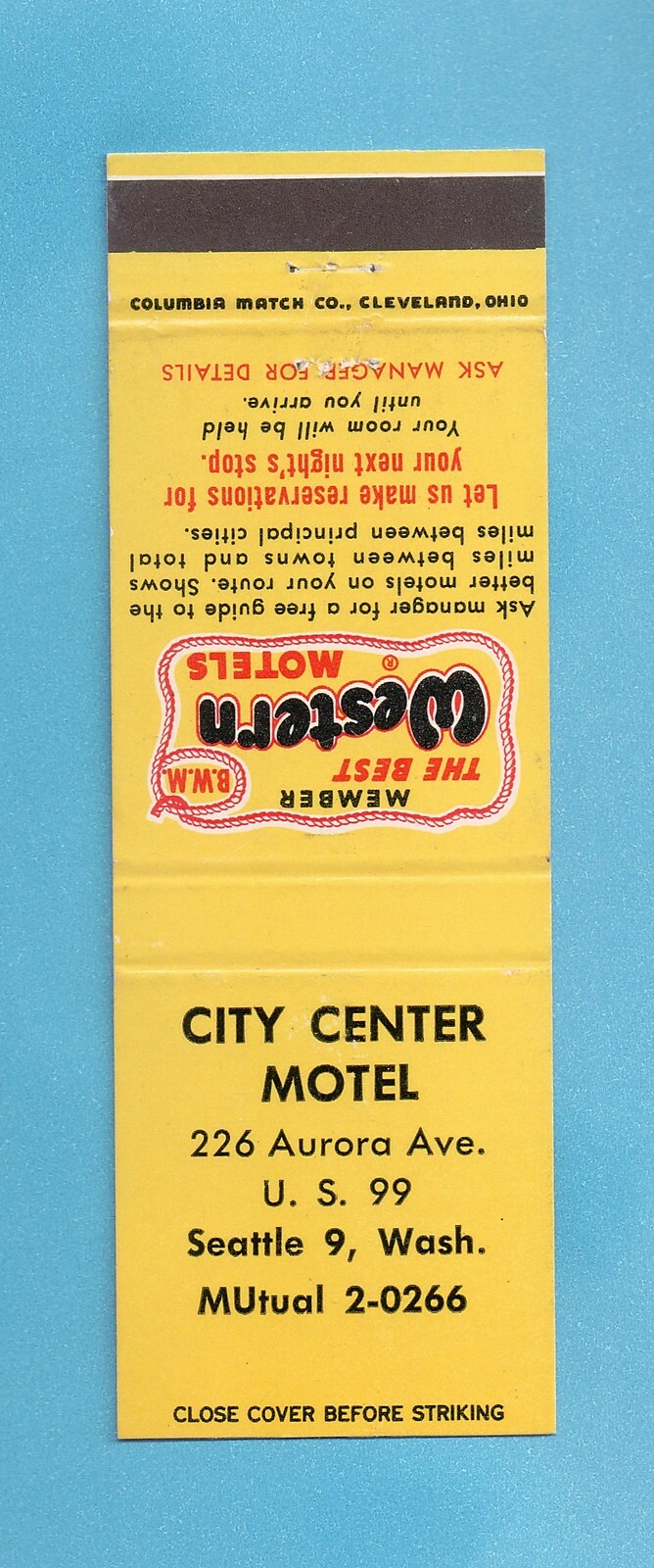 Matchbook CoverBest Western City Center Motel Seattle Washington
