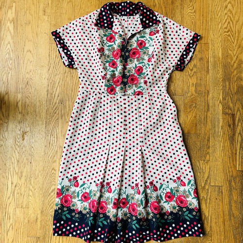 Retro Polka Dot Floral Handmade A Line Dress Womens Short Sleeve Dress Size LG - 第 1/8 張圖片