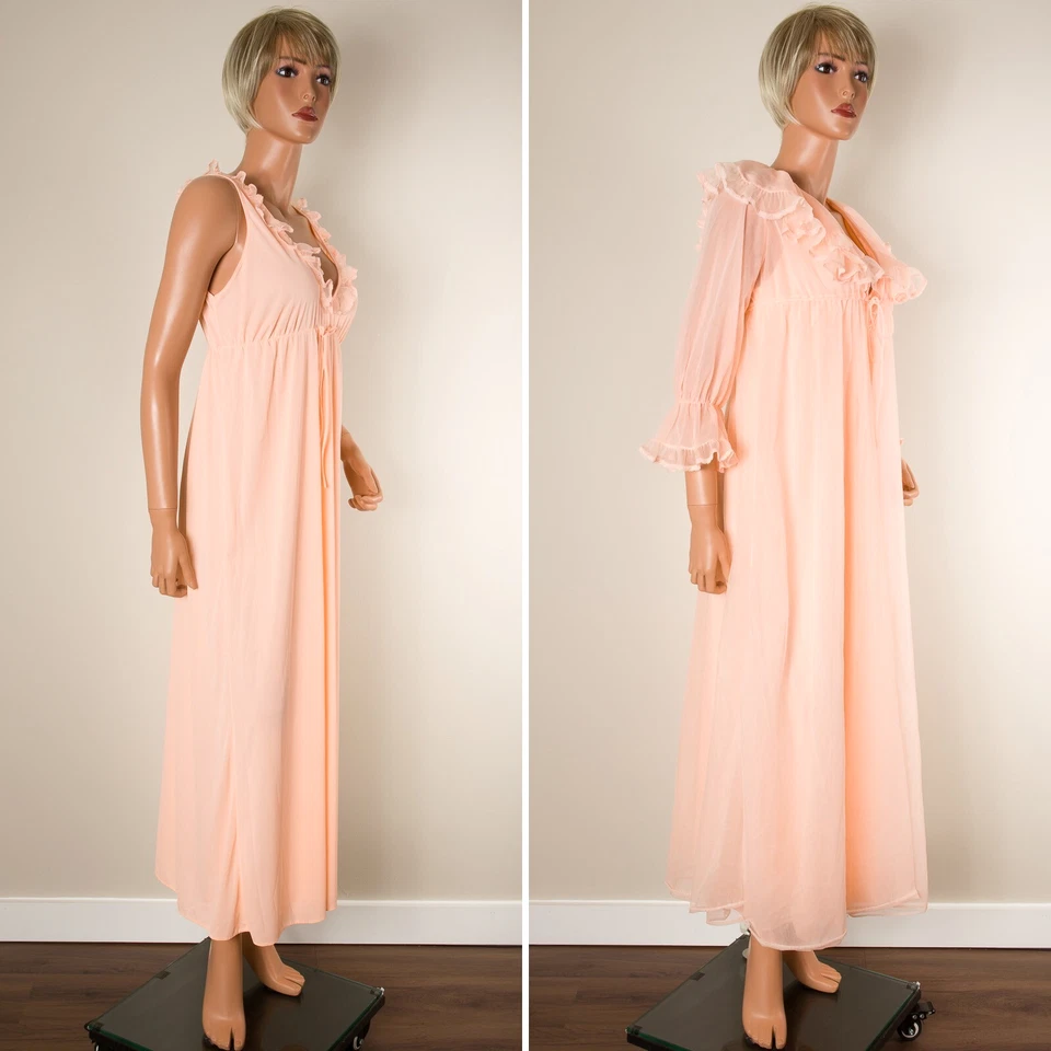 💖 VTG PANDORA Lingerie Peignoir Gown Set Melon Nylon Double Chiffon Ruffle P - Image 2 of 4