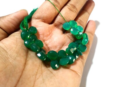 78Cts Natural Green Onyx Heart Briolette 8-10mm Faceted Gemstone Beads 4.5''Inch