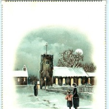 c1900 Winter Snow Moonlight Church Mother Child Calling Card Village Night Vtg