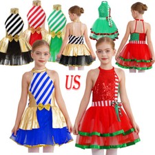 US Kids Sleeveless Tulle Dress Christmas Costume Dance Figure Ice Skating Dress