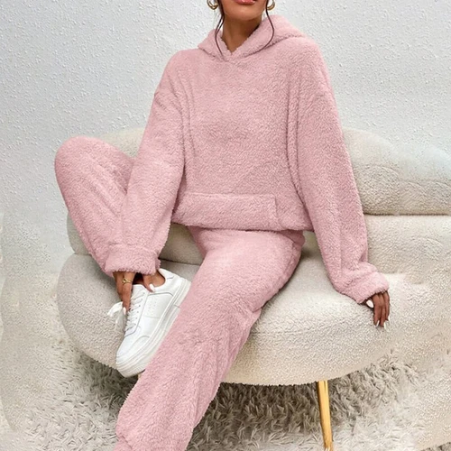 Damen Freizeit Winter Warm Kapuze Damen Pyjama Sets Fleece Flauschig Nachtwäsche - Bild 10 von 23