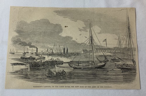1862 magazine engraving~ HARRISON'S LANDING ON THE JAMES RIVER Civil War