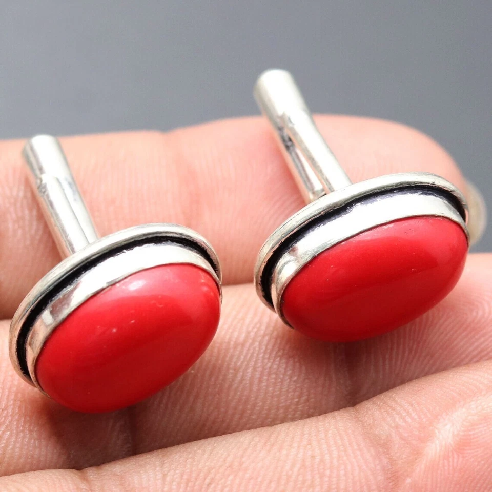 Запонки из стерлингового серебра 925 пробы с красным кораллом ювелирные изделия ручной работы подаренные для мужчины - Изображение 2 из 4