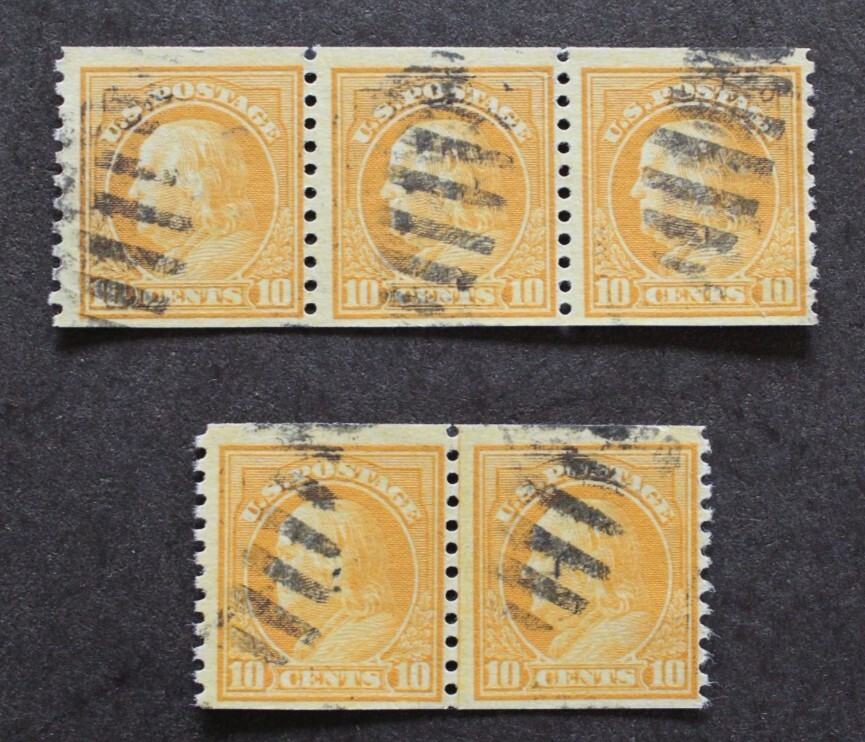 Scott 497, Washington 10 centavos, 1 tira de tres, 1 línea pr. Nunca con bisagras