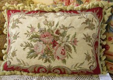20" Hand Stitched French Scroll Victorian Rose Floral Needlepoint Throw Pillow