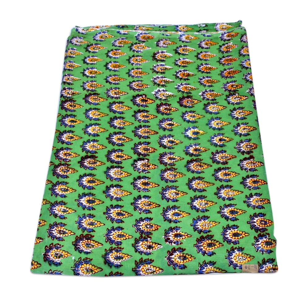 10 Yards Floral Block Printed Green Color Handmade Light Weight Cotton Fabric - Image 4 of 4