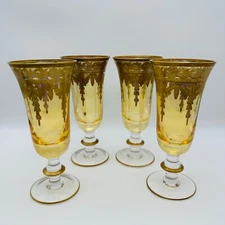 Vintage Set of 4 Arte Italica Vetro Gold on Gold Champagne Flute Glass Very Rare