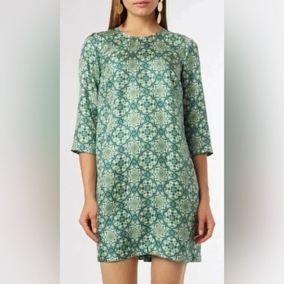 NWT Nieves Lavi Green Boxy Tunic with Three-Quarter Sleeves 100% Silk Dress