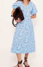 COTTON BLUE LEAF PRINT V-NECK MIDI DRESS SOLEA MIDI DRESS - SMALL