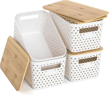 Stackable Plastic Storage Bins with Bamboo Lids, 4 Pack, White 12x7.3x6.2 Inch