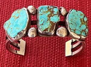ANTIQUE NAVAJO BRACELET TURQUOISE STERLING SILVER HEAVY 3 BAR INGOT -HEAVY 96 gm