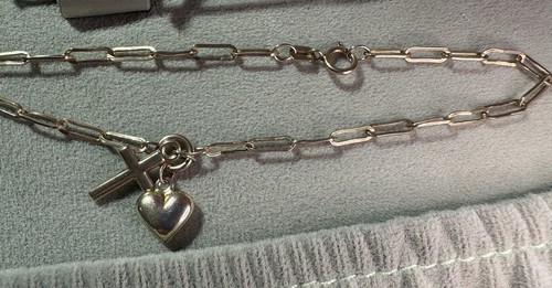 10k Yellow Gold Paperclip Bracelet Heart & Cross Charm Puffy 3D 7 1/2 Adjustable - Picture 8 of 13