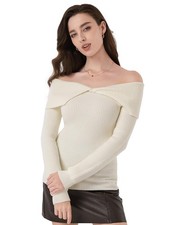 AmlieBoutik Women's Off Shoulder Sweater Elegant Shawl Collar Long Sleeve M